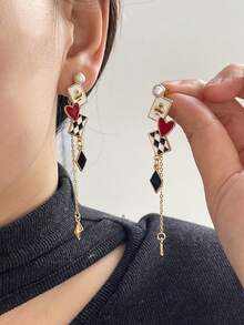 1pair Unique Contasting Color Poker Card Grid & Heart Shaped Drop Earrings Valentines - Multicolor - View 1