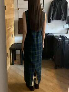 Retro Unconventional Round Neck Loose Backless Slit Plaid Sleeveless Dress For Women - Blue - View 6