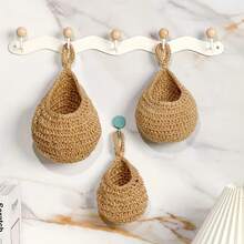3pcs Bohemian Handwoven Hanging Baskets Set - Rustic Wall Mounted Storage And Decor Mesh Racks With Artistic Design, Multipurpose, Small Items, Natural Beige Fabric, Perfect Ideal Home Decor, Racks, Wall Art, Farmhouse Style, Durable Mesh, Decor Baskets, Hanging Baskets, Decor Baskets, Fruit Baskets, Wall Fruit Baskets - Multicolor - View 8
