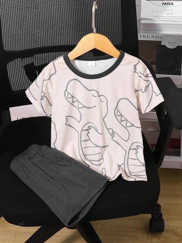 2pcs/Set Toddler Boys' Summer Casual Dinosaur Letter Print Round Neck T-Shirt And Shorts Set, Suitable For Vacation, School, 4-7Y