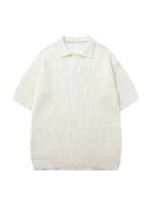 Men's Loose Polo Collar Half-Open Hollow Breathable Thin Short Sleeve T-Shirt Pullover Knit Top, Spring & Summer - Beige - View 2