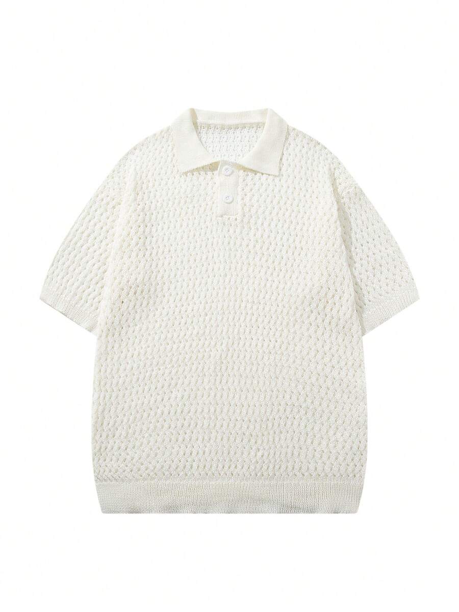 男士宽松 Polo 领半开襟镂空透气薄款短袖 T 恤套头针织衫，春夏款 - 米色 - 查看 1