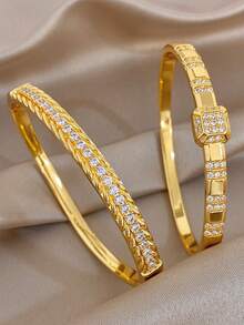Conjunto de pulseiras de luxo com zircônias cravejadas, banhadas a ouro 18K, resistentes ao desbotamento, com textura glamorosa. Ideal para presentear mães, mães, em ocasiões como Natal, Carnaval e Inverno. Perfeita para casamentos, festas, raves, formaturas e uso diário. Ideal para aniversários, Dia dos Namorados, aniversários e para presentear madrinhas. - Multicolorido - Ver 2