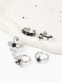 Bộ 4 chiếc nhẫn kiểu cổ điển màu đen Y2K, đính đá và men hình rắn, hoa hồng, nhẫn hở ngón dành cho nữ. - Bạc - Xem 6