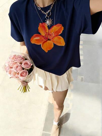 1pc Girls Casual Floral & Letter Print Round Neck Short Sleeve T-Shirt, Summer Student Youth Clothing - The Colorful Floral And Letter Printed T-Shirt Brings Joy And Happiness To Every Child!