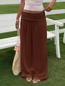 Women Cotton Linen Summer Palazzo Pants Wide Leg Lounge Pants Loose Straight Leg Solid Color Fold Over Low Rise Pants Casual Boho Beach Vacation Trous - 咖啡色 - 查看 6
