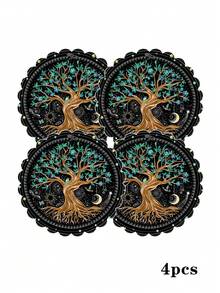 4 Pieces / 6 Pieces / 8 Pieces Kitchen Tablecloths With The "Tree Of Life" Pattern. Round Tablecloths. Round Table Mats. Festival Table Decorations. Seasonal Home Decorations, With A Size Of 13.7 Inches * 13.7 Inches. Round Design. Festival Decorations, Made Of Thick And High-Quality Linen Material. - Multicolor - View 5