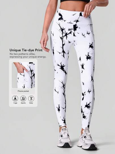 Sodalemon Women's Tie-Dye Print Workout Leggings With Side Pockets, Stretchy Fitness Tights For Casual, Outdoor, Running, Sports