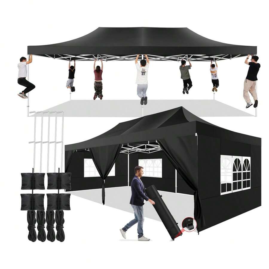 COBIZI 13x26ft Pop Up Canopy Tent With 6 Sidewalls Waterproof Heavy Duty Commercial Canopy Tent Awning For Parties Outdoor Garden Gazebo Sunshade Shelter Carry Bag With Wheel Bag,Black - Black - View 1