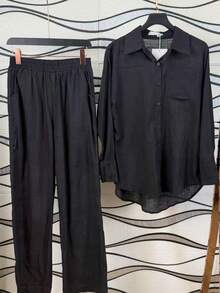 Elegant Casual Linen Party Set With Buttons Down The Front, Button Pocket, Shirt And Pants With Lining, Suitable For Office Or Beach. - màu đen - Xem 3