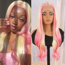 Blonde With Pink Skunk Stripe Body Wavy 13x4 Lace Front Synthetic Wig - Pink Ombre Blonde Long Wave Wig, Heat Resistant Fiber, Pre-Plucked Hairline, 3 Combs & Adjustable Straps, 28 Inch For Women Perfect For Daily Wear, Party, Cosplay & Dating - 挑染粉色 - 查看 1