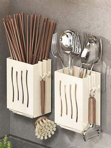 1pc Multi-Function Kitchen Chopstick Holder Organizer, Wall-Mounted Chopstick Drainer Rack, Home Kitchen Utensil Storage Rack, Home Organization Supplies, Kitchen Accessories - Black - View 3