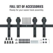 Kit de herrajes para puerta corrediza de granero de 2,4 m (8 pies), riel resistente de 150 kg (330 lb) para puertas dobles. Compatible con paneles de 2 puertas de 1,1 a 1,3 m (3,3 a 1,6 cm) de ancho total y 3 a 4,6 cm (1,3 a 1,8 pulgadas) de grosor. Incluye polea suave y silenciosa (forma de J). - Negro - Ver 4