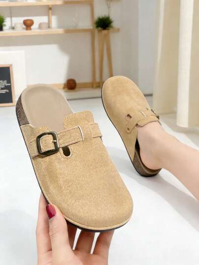 女士平底套脚穆勒鞋，新款勃肯鞋风格，可调节搭扣，可爱个性，轻便舒适的夏季木屐，时尚休闲户外/假日穆勒拖鞋，卡其色露趾凉鞋，镂空透气拖鞋，适合作为感恩节/万圣节礼物