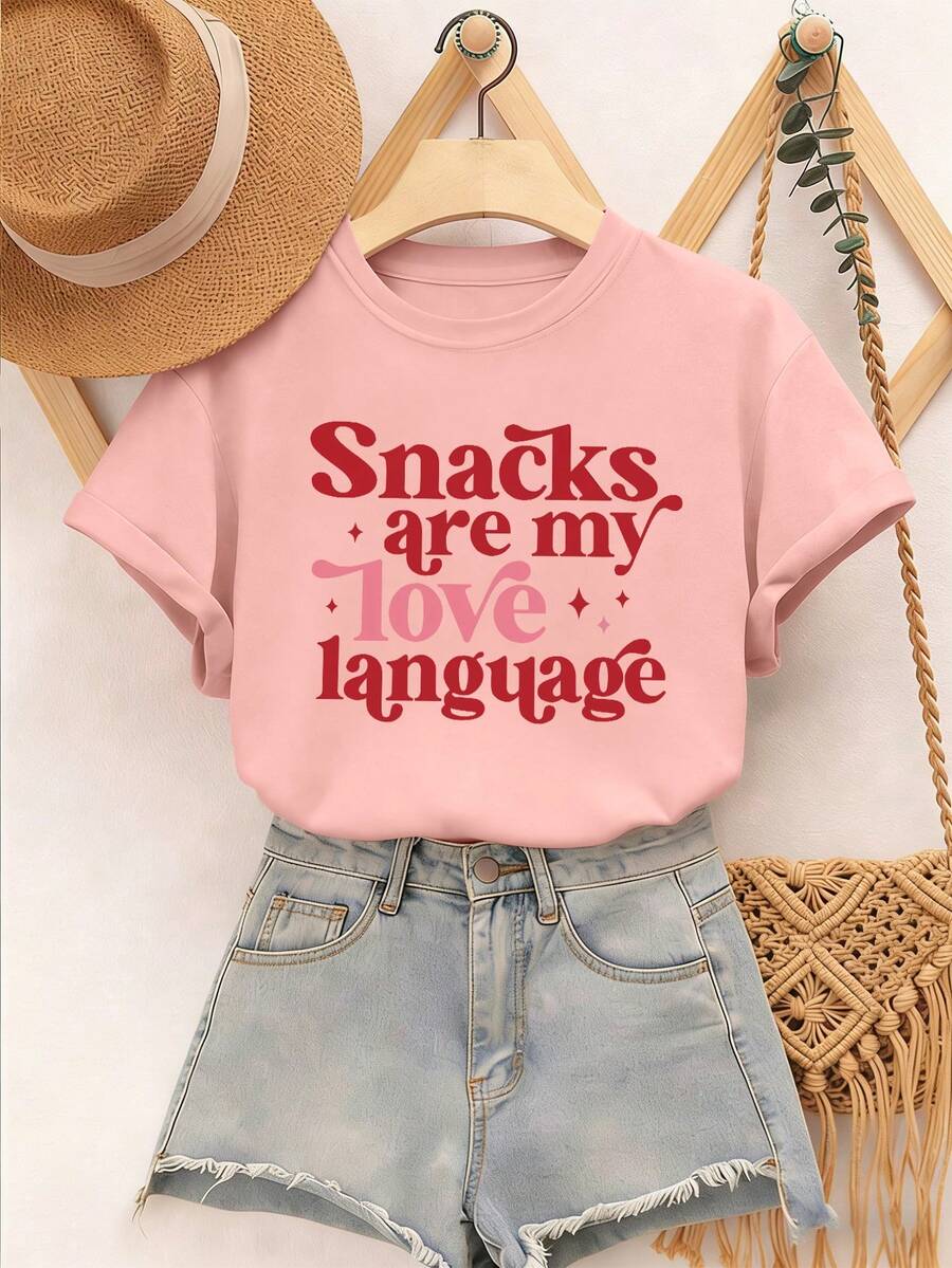 Girls' Round Neck Short Sleeve T-Shirt, Casual Slogan Graphic Tee For Spring/Summer, Suitable For School, Vacation And Shopping - Pink - View 1