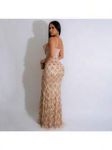 Vestidos Elegantes De Mujer Vestidos Dresses For Women Formal Dresses For Women Dresses For Women Dresses For Women Wedding Guest Elegant Prom Dresses Formal Dresses For Women Formal Gowns For Women Evening Elegant Sequined Party Long Dress, Fashionable Spaghetti-Strap Hip-Hugging A-Line Dress For Women - 杏色 - 查看 2