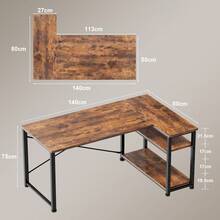 Gunji 110cm L-Shaped Desk, Reversible Corner PC Workstation With Shelves & Hooks For Home Office & Bedroom - 鏽棕色 - 查看 9