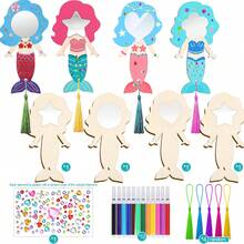 4套未完成的美人鱼镜子DIY套装，包含流苏木质手镜、DIY工艺品、12支彩色笔、1张彩色宝石贴纸、4个流苏，适合美人鱼主题派对、洗礼仪式、生日礼物、复活节装饰。 - 4個鏡子+12筆+4流蘇+1鑽貼 - 查看 5
