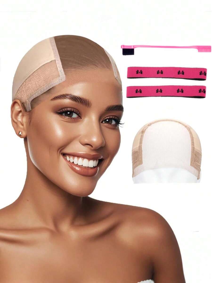 Bộ 4 món tóc giả | Mũ lưới trong suốt chống trượt + Băng đô nơ + Lược chải chân tóc | Dụng cụ cố định không cần keo dán | Màu nâu/đen/màu da # Khuyến mãi Halloween # Dụng cụ tạo kiểu tóc # Hàng mới về