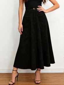 EARO French Retro Women's Casual Minimalist Comfortable Daily Versatile Front Button Pocket Solid Color Skirt, Spring/Autumn New High Stretch Waist Slimming Loose Covering Hip Elegant A-Line Skirt Black - Black - View 3