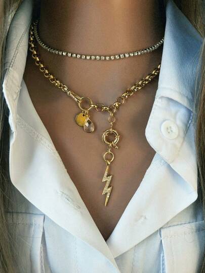 1 Pc Gold Women's Necklace, Featuring A Teardrop Pendant, A Lightning Bolt Pendant, A Donut Pendant, And A Round Pendant. The Design Is Creative And Striking, Making It A Wonderful Choice For Gifting.