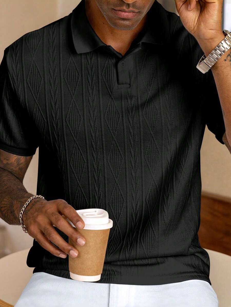 Men's Short-Sleeved Polo Shirt, Minimalist And Elegant, Made From Textured Jacquard Fabric In A Solid Color. Perfect For Leisure, Holidays And Outings, Making It An Ideal Gift For Family And Friends. - 黑色 - 查看 1