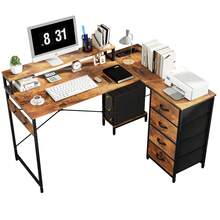 Scrivania angolare vintage marrone BALCONERA 130x100x75 cm | Scaffale portaoggetti fai da te a 4 ripiani + 2 prese USB e di corrente | Ufficio e studio in casa - Castano - Visualizzare 8