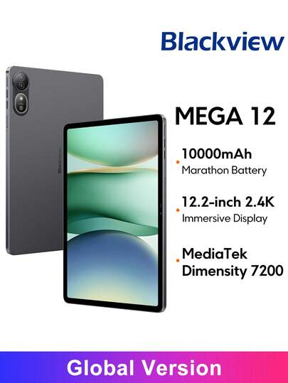  Blackview Mega 12 平板电脑（全球版）配备 12GB 运行内存 + 256GB 机身存储，支持 IP69K 防水防尘，具备 5G 网络连接和 AI 界面。它拥有 12.2 英寸 2.4K 沉浸式显示屏、全新 PC 模式 3.0 和分屏 2.0 功能、5000 万像素主摄像头、联发科天玑 7200 处理器以及支持 55W 快充的 10000mAh 电池。