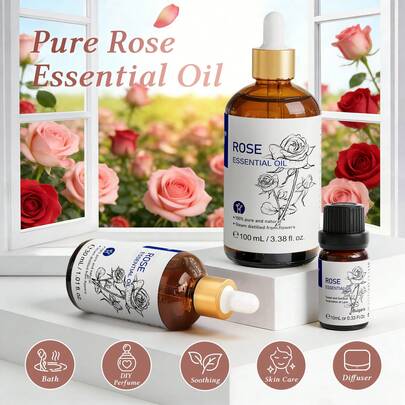  HIQILI Rose Essential Oil, Pure Natural Floral Oil For Bath SPA Diffuser Nourishing Skin Soothing Stress Aromatherapy Massage DIY Perfume Hair & Body Care Household Cleaning-100mL/30mL/10mL