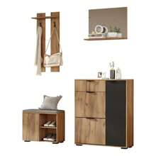 Hallway Wall-Mounted Wardrobe Set; Wardrobe Set With Bench And Shoe Rack, 1 Mirror, 1 Drawer, 2 Hooks, 4 Doors, Natural And Black, W 140 * D 35 * H 139 Cm - Wood Color - View 8