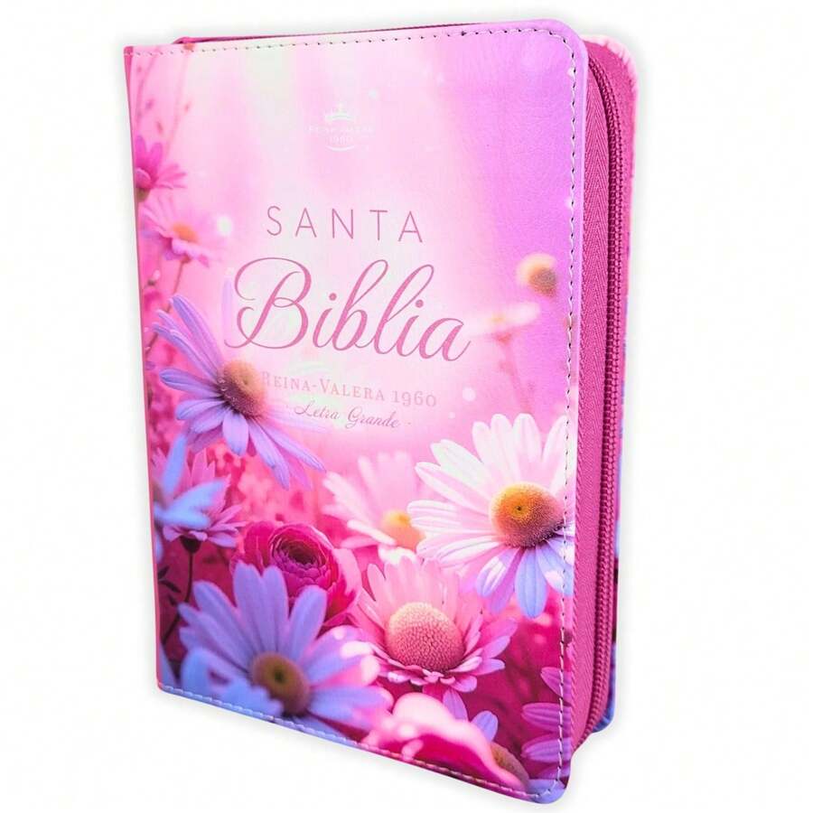 Biblia Con Cierre Portatil Para Mujer Letra Grande 12 Puntos RV1960, Imit Piel Blanco Y Rosa Margaritas Con Indice Y Canto Floral - Single Book - View 1