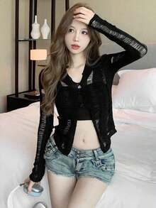 New Y2K Sexy Hollow-Out Knit Cropped Cardigan, Long Sleeve, Waist Cinched, Suitable For Spring/Summer - Black - View 4