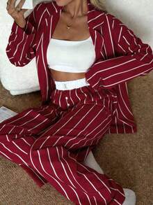 Nina Bonheur 2 piezas Conjunto de pijama de manga larga holgado, cómodo y transpirable con rayas, adecuado para estar en casa - Burdeos - Ver 5