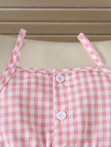 Baby Girls' Pink Plaid Camisole Top + Faux Denim Shorts Set, Ruffled Bow Decor, Summer Outfit - Baby Pink - View 3