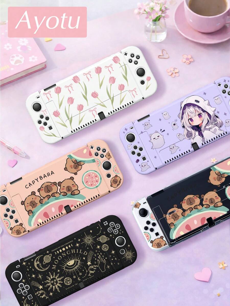 Ayotu 郁金香、幽灵、星星和水豚主题Switch保护壳，兼容新款Switch2(2025)/Switch NS/Switch OLED，无需取下保护壳即可安装到底座上，通用游戏手柄保护套，Switch游戏配件，防摔、防刮，秋冬浪漫/返校礼物/圣诞礼物/情人节礼物