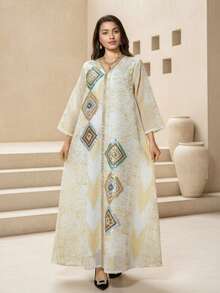 Middle Eastern Style Mesh Embroidered Beaded Floral Robe, Elegant Women Gown - Apricot - View 1