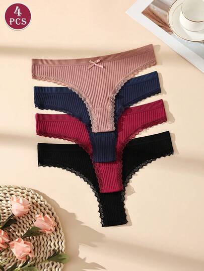 4pcs/Pack Solid Color Lace Patchwork Bow Ribbed Thong Panties, Stretchy & Comfortable Women's Underwear