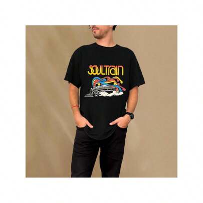 [Vibrant Soul Train Tee] Vibrant Plus Size men's Fashion T-Shirt - "Soul Train" Graphic, Stretchy Polyester Blend, Round Neck Short Sleeve - Colorful &amp; Comfortable Casual Wear