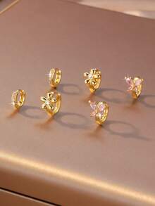 3对/套 微镶锆石花朵蝴蝶耳环，优雅百搭，适合学生佩戴 - 耳環套裝 - 查看 2