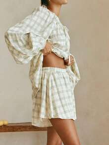 Women Plaid Outfit, Long Sleeve Tie-Up Crew Neck T-Shirt With Elastic Waist Shorts Summer Outfit - 綠色 - 查看 6