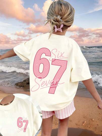Tween Girl Star Element Six Seven 67 Cartoon Print T-Shirt, Fashionable And Versatile Casual Top, Suitable For Girls' Daily Casual Wear