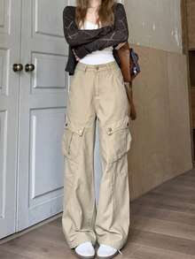 Women's Button Casual Versatile Daily Wear Washed Denim Wide Leg Pants Spring - Khaki - View 1