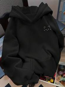 Women's Hoodie, Creative Minimalist Cute Cat Print On The Chest, Stylish And Comfortable Autumn/Winter Fashion, Versatile Casual Hoodie, Women's Clothing - 黑色 - 查看 1