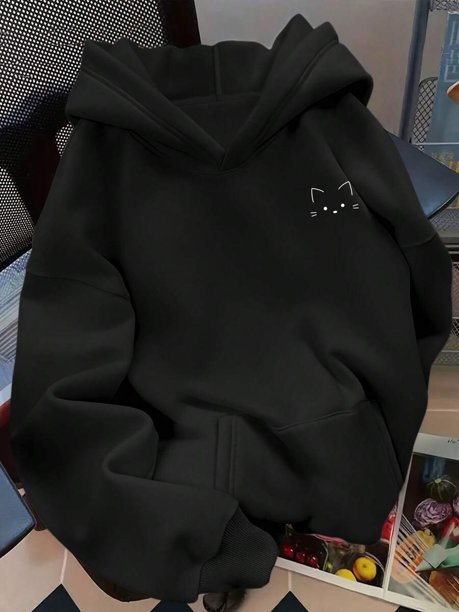 Women's Hoodie, Creative Minimalist Cute Cat Print On The Chest, Stylish And Comfortable Autumn/Winter Fashion, Versatile Casual Hoodie, Women's Clothing - 黑色 - 查看 1