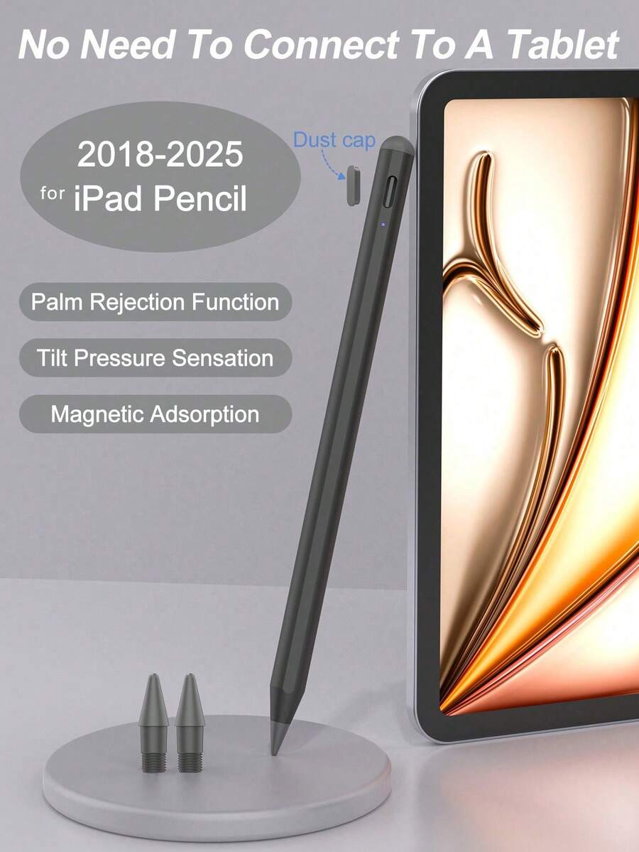 This Stylus Pen Is Compatible With IPad 10.2 Inch (10th Generation)/10.9 Inch (2022 Model), Air 4/5/6/M4, Compatible With IPad A16 (11th Generation, 2025 Model), Compatible With IPad Air 11 Inch And 13 Inch (M3/M2), Compatible With IPad Pro 11 Inch/12.9 Inch. It Features Anti-Mistouch And Tilt Detection Functions, Built-In 90mAh Battery, Capacitive Touch Technology, Suitable For IOS Tablets, In Black Color. - 黑色 - 查看 1