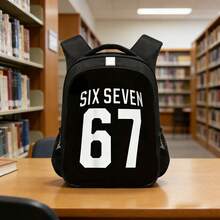 A Black Backpack With A 67 Pattern, A Cartoon Printed Pattern Large Capacity Backpack, Fashionable , A Spine-Protecting Shoulder Strap, And A Strip Design. Suitable For Students To Use, Back To School Season, Gifts. - A - View 1