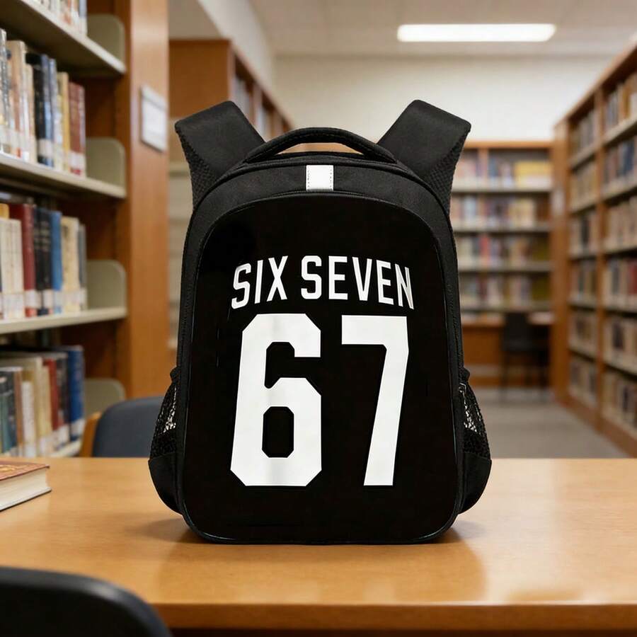 A Black Backpack With A 67 Pattern, A Cartoon Printed Pattern Large Capacity Backpack, Fashionable , A Spine-Protecting Shoulder Strap, And A Strip Design. Suitable For Students To Use, Back To School Season, Gifts. - A - View 1