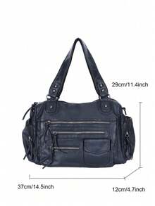 Y2K Motorcycle Bag, Women's Universal, Washed Leather, Zipper Pocket, Shoulder Strap Crossbody, Large Capacity, Multi-Pocket, Casual Daily Travel - Black - View 10