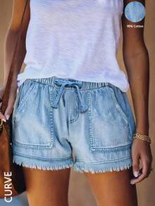 Plus Size Women Pocketed Frayed Hem Casual Loose Denim Shorts Summer - 淺色水洗藍 - 查看 1