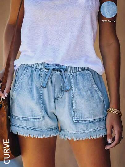 شورتات جينز فضفاضة كاجوال مع جيوب وحافة مبهتة للنساء ذوات الأحجام الكبيرة في الصيف